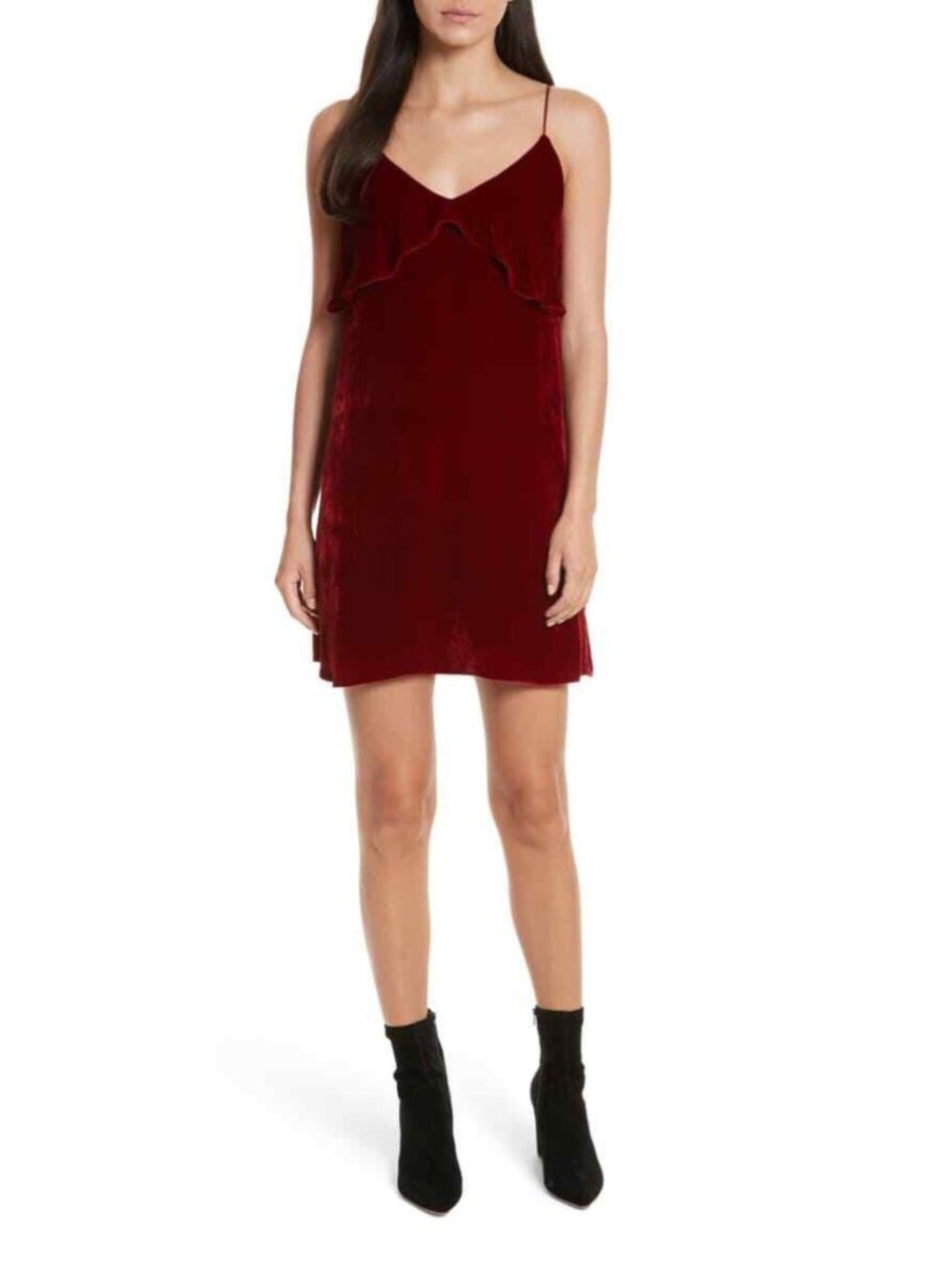Alice + Olivia Bess Red Velvet Silk Ruffle Slip Dress